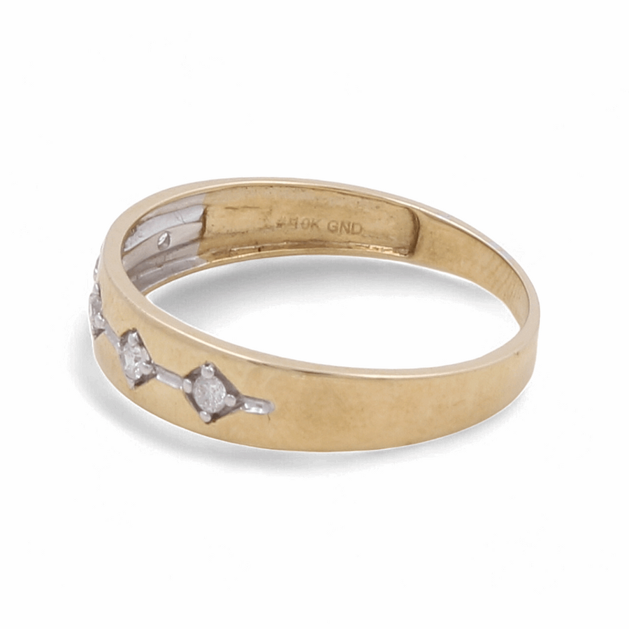 Presenting the Miral Jewelry 10K Yellow Gold Bridal Men Ring with Diamonds, a stunning piece featuring three delicate diamonds embedded in the band and a customizable inscription on the inner side.