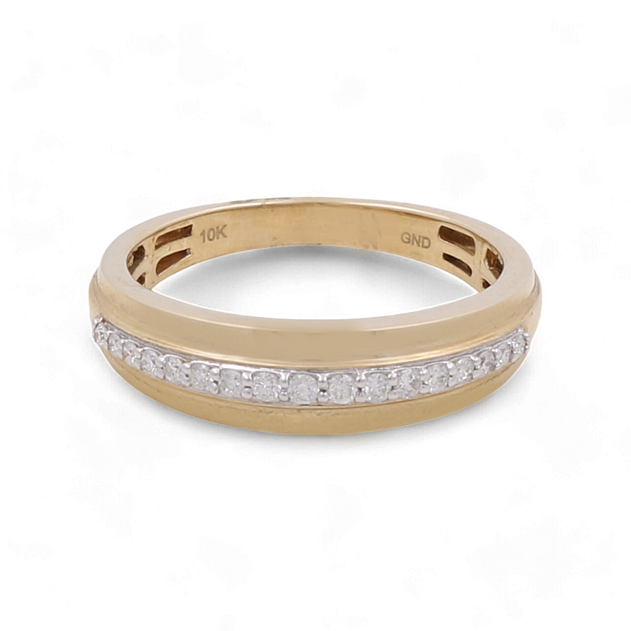 The Miral Jewelry 10K Yellow Gold Bridal Woman Ring with Diamonds features a row of small diamonds embedded in the band, making it perfect for any bride-to-be.