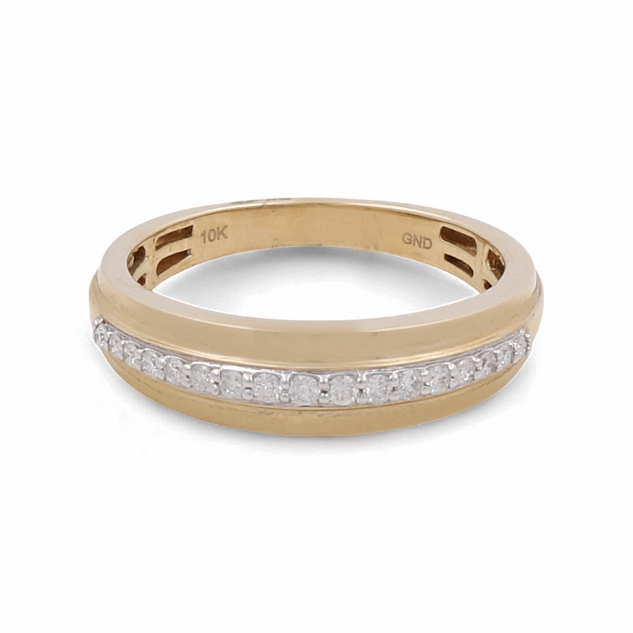 A men's bridal ring crafted from 10K yellow gold, featuring a central row of small diamonds and bearing the engravings "10K" and "GND" on the inside of the band, from Miral Jewelry's exquisite collection.