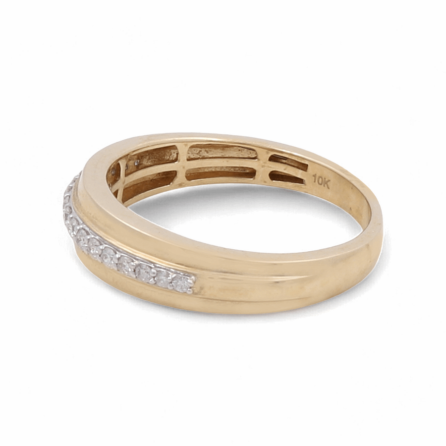 A 10K yellow gold men's ring by Miral Jewelry, designed with a curved silhouette and adorned with a row of small diamonds along the upper band.