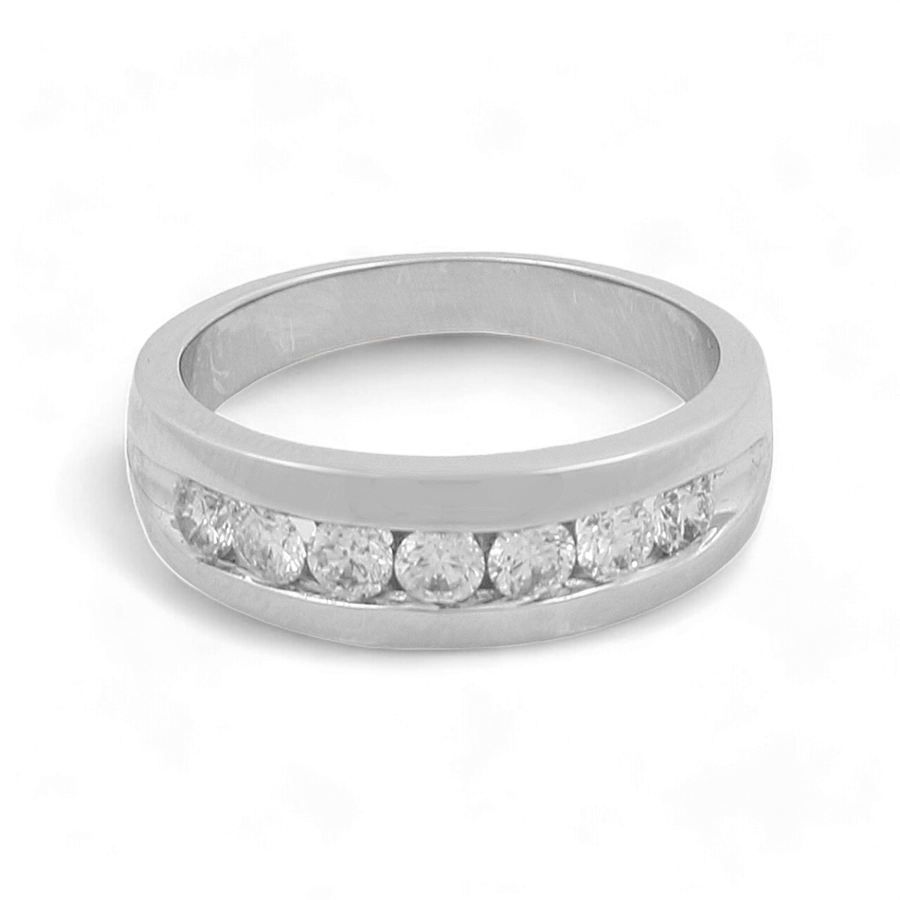 A luxurious Miral Jewelry 14K White Gold Bridal Men Ring, featuring a row of six embedded diamonds.