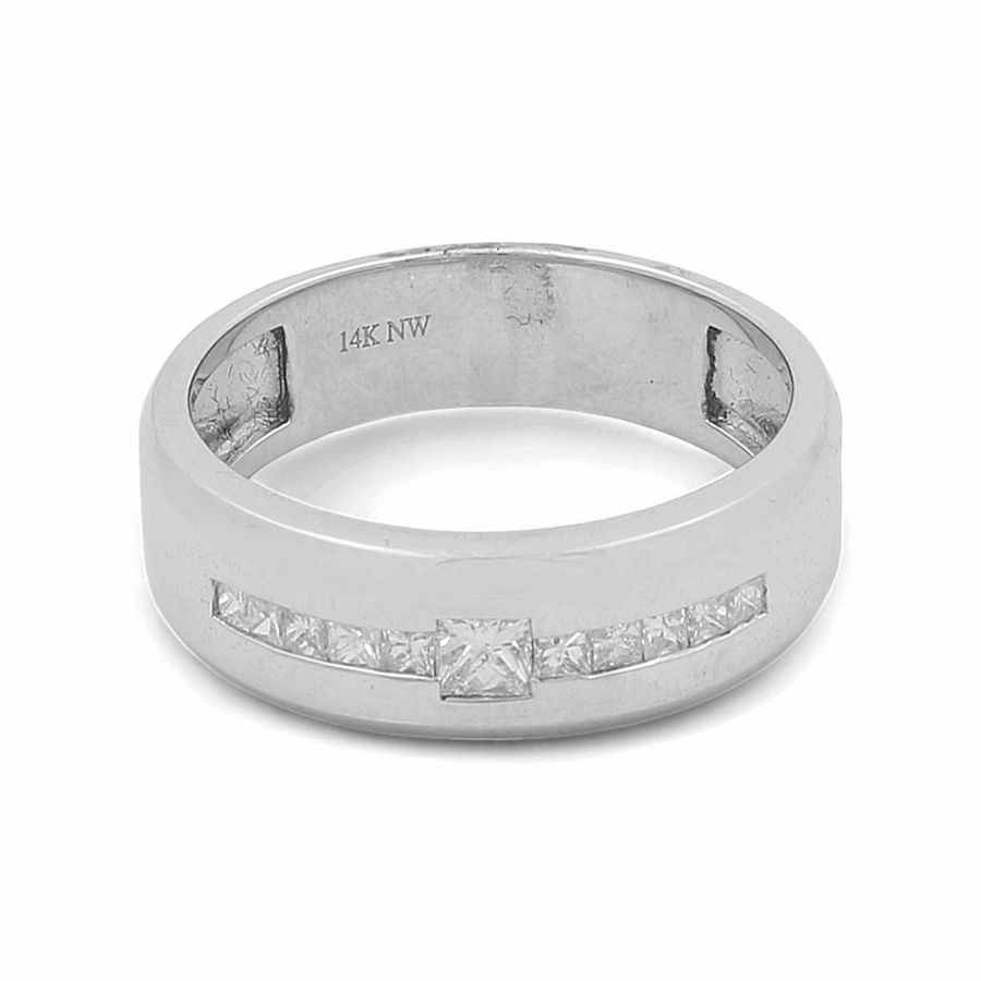 The 14K White Gold Bridal Men Ring with Diamonds from Miral Jewelry features a row of small square-cut diamonds set in the band, making it perfect for both bridal and men's wear.