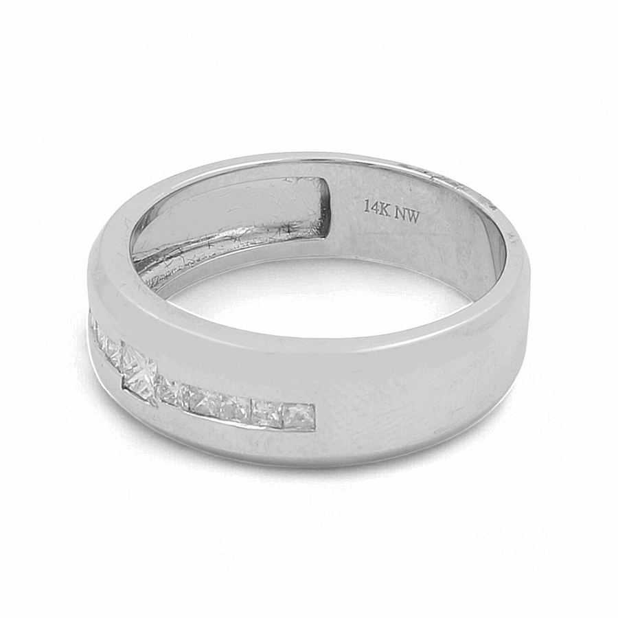 The Miral Jewelry 14K White Gold Bridal Men Ring with Diamonds is a luxurious men’s ring featuring a row of small rectangular diamonds set into the band, with "14K NW" engraved inside.