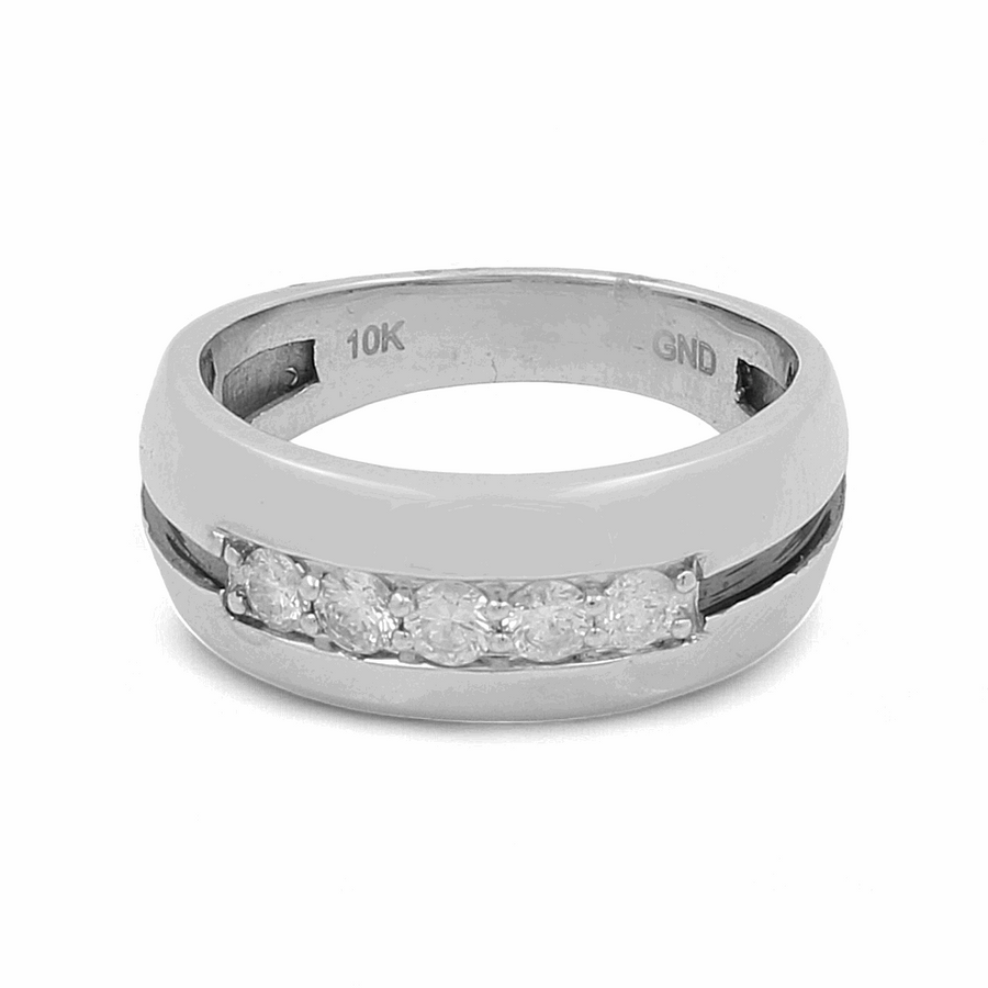 The 10K White Gold Bridal Men Ring with Diamonds by Miral Jewelry showcases five captivating diamonds set in a horizontal line on the band, embodying an exquisite blend of elegance and timeless style.