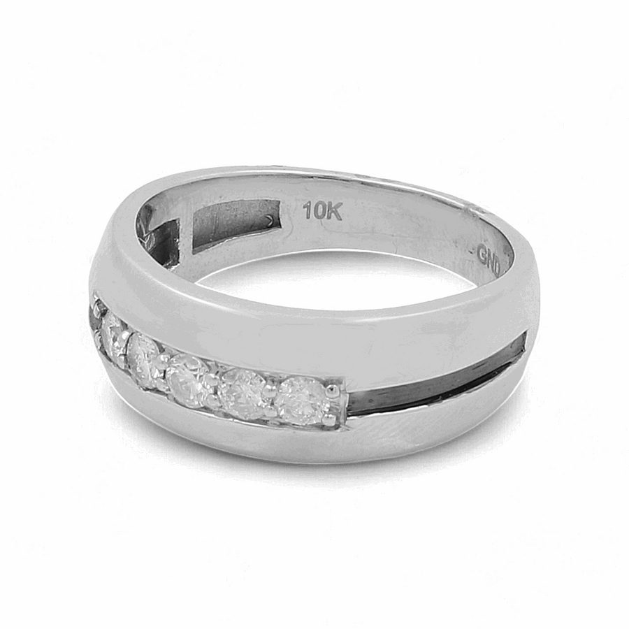 Crafted by Miral Jewelry, the 10K White Gold Bridal Men's Ring with Diamonds exemplifies elegant men's jewelry, featuring a row of embedded diamonds.