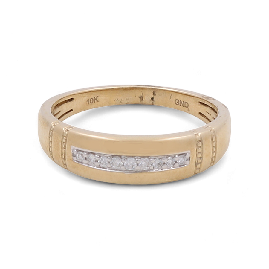 The Miral Jewelry 10K Yellow Gold Bridal Men's Ring with Diamonds features a horizontal rectangular design adorned with small diamonds. This elegant and traditional piece is engraved "10K" on the inside band, showcasing its exquisite craftsmanship.