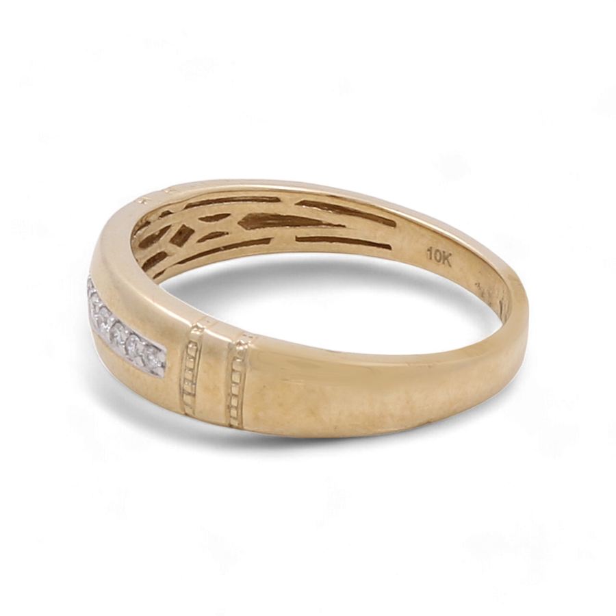 Miral Jewelry's 10K Yellow Gold Bridal Men Ring with Diamonds showcases three stunning embedded diamonds and an intricate inner design.