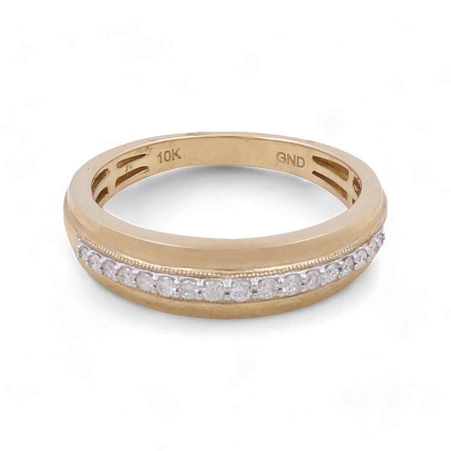 The 10K Yellow Gold Bridal Men Ring with Diamonds by Miral Jewelry is a stunning men's bridal ring made from 10K yellow gold, featuring a row of small, clear diamonds set along the band.