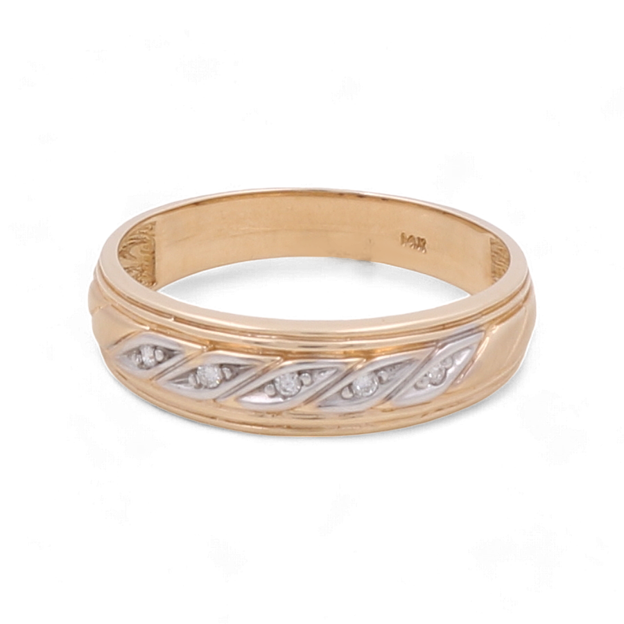 Miral Jewelry's 14K Yellow Gold Bridal Men Ring with Diamonds features a captivating leaf pattern and embedded diamonds in alternating white and gold sections, making it an exquisite choice for men.