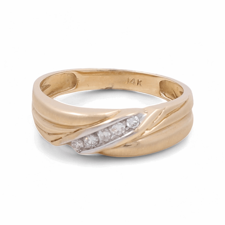 Miral Jewelry's 14K Yellow Gold Bridal Men Ring with Diamonds showcases a split band design adorned with a central row of five small diamonds.