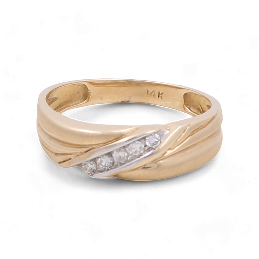 Miral Jewelry's 14K Yellow Gold Bridal Men Ring with Diamonds showcases a split band design adorned with a central row of five small diamonds.