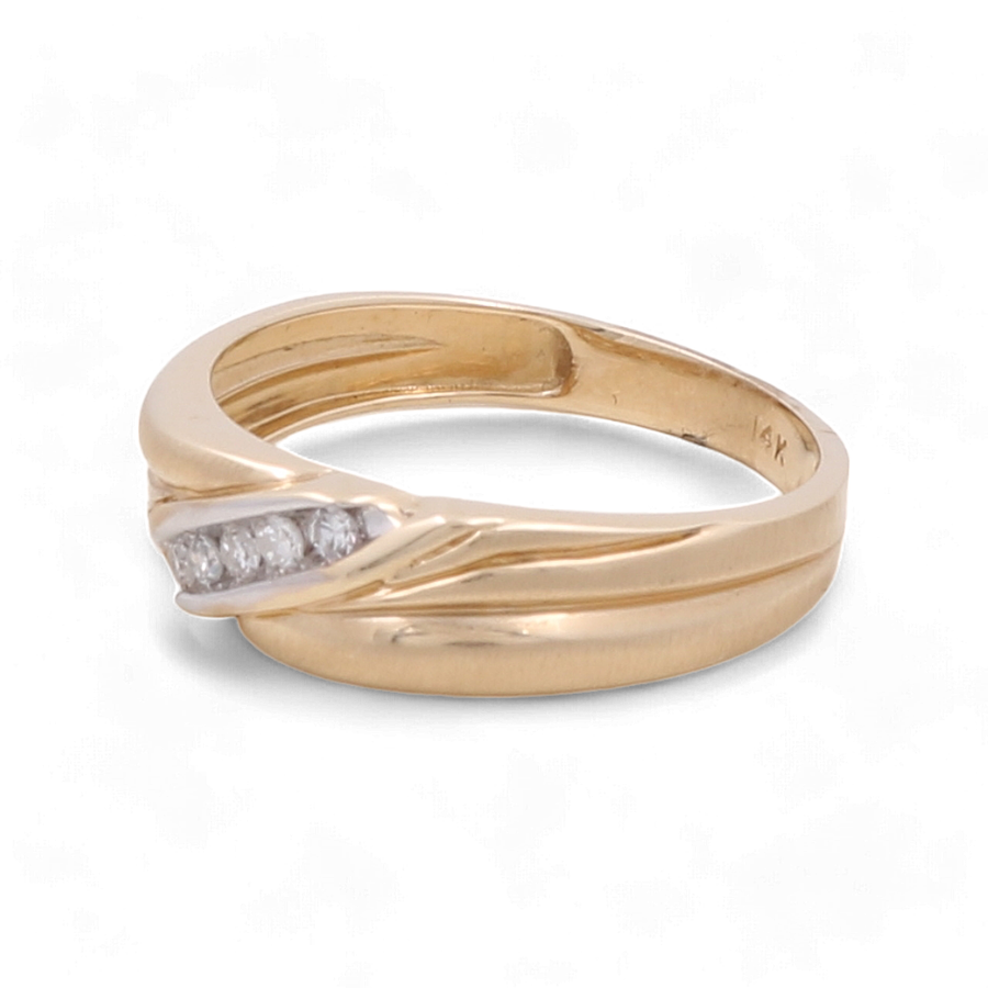 Introducing the Miral Jewelry 14K Yellow Gold Bridal Men Ring with Diamonds, featuring a smooth band design adorned with three small diamonds set diagonally across the front, perfect for a distinguished touch.