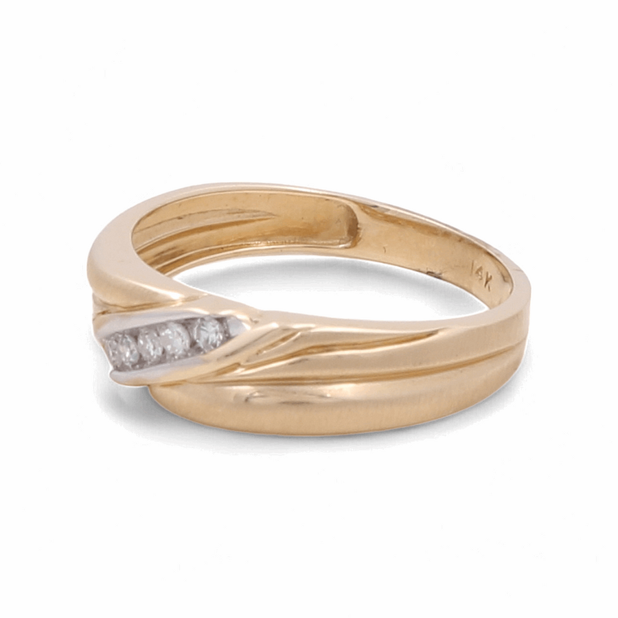 Introducing the Miral Jewelry 14K Yellow Gold Bridal Men Ring with Diamonds, featuring a smooth band design adorned with three small diamonds set diagonally across the front, perfect for a distinguished touch.