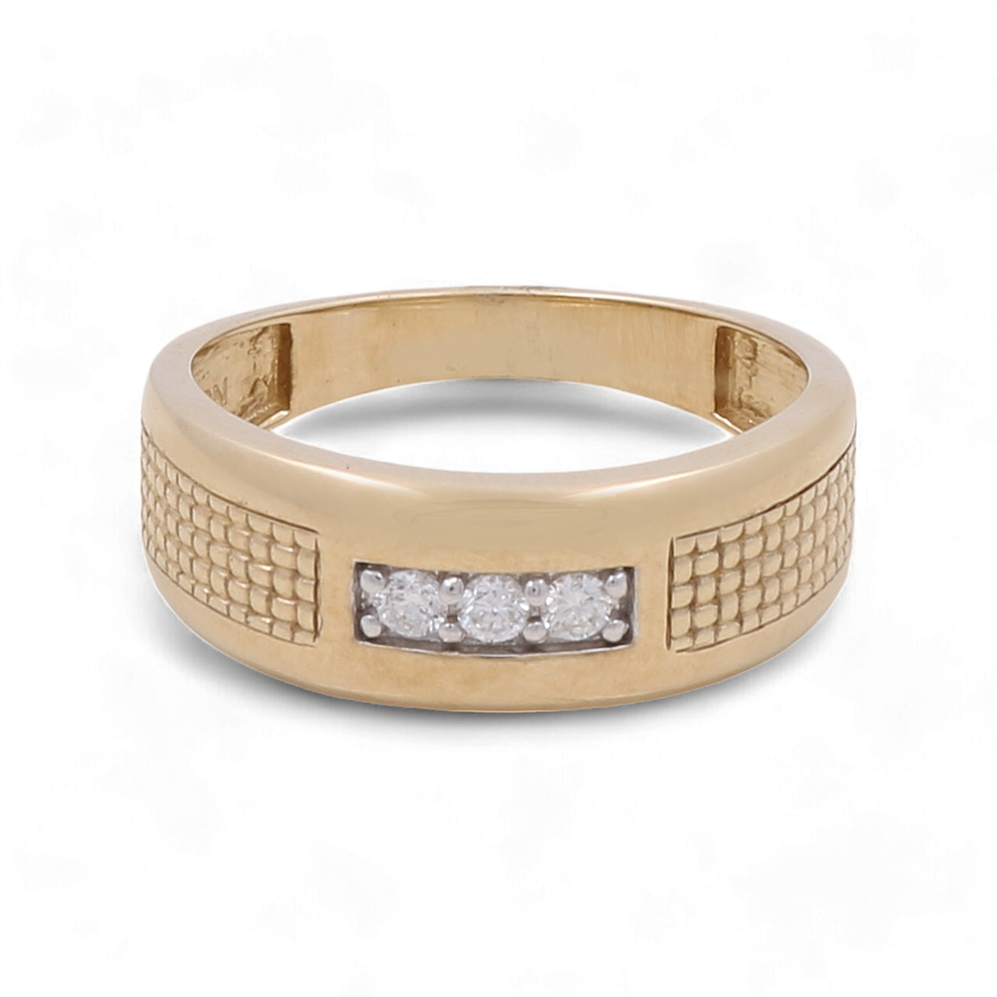 Introducing the stunning 10K yellow gold bridal men's ring by Miral Jewelry, featuring a textured band with a rectangular center section adorned with a row of three diamonds.