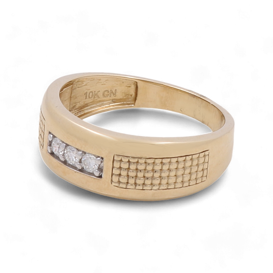 A bridal ring crafted in 10K yellow gold by Miral Jewelry, featuring a rectangular inset with five small diamonds and a textured grid pattern on one side. Engraved inside is "10K CN".