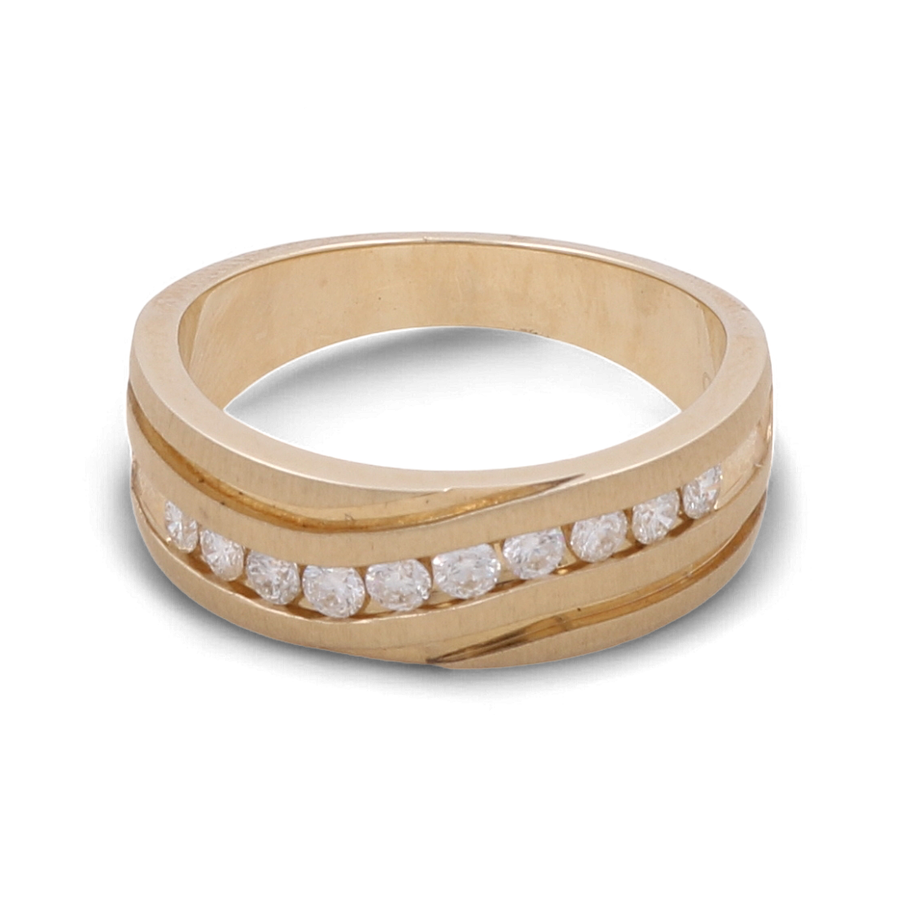 This 10K Yellow Gold Bridal Men Ring with Diamonds by Miral Jewelry features a row of small, round-cut diamonds set within a slightly curved channel across the top, serving as a symbol of everlasting love.