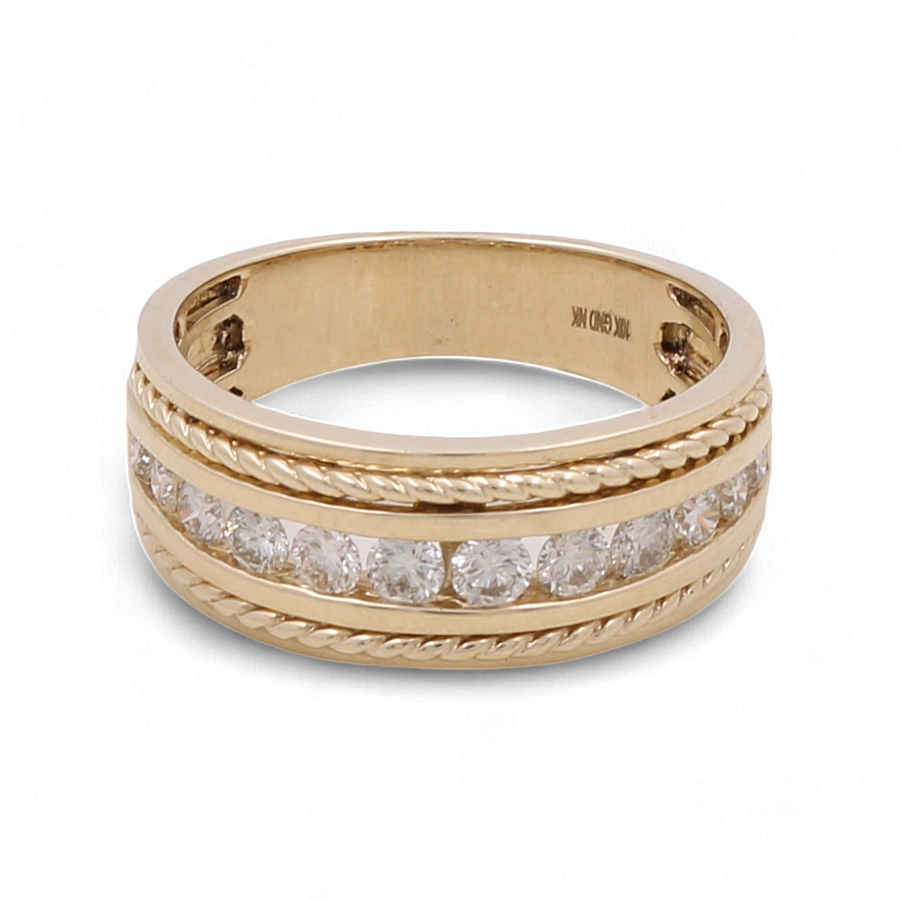 The Miral Jewelry 10K Yellow Gold Bridal Men Ring with Diamonds showcases a row of dazzling diamonds expertly set in the middle, bordered by intricate twisted rope details.