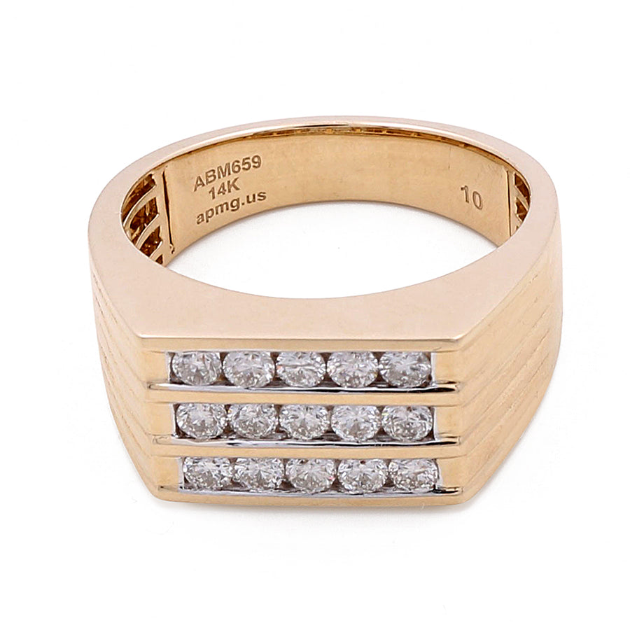 A Miral Jewelry 14k Yellow Gold Fashion Ring with 0.77Tw Round Diamonds features a wide band with three horizontal rows of small round diamonds. The inside of the band is inscribed with the text "ABM659 14K apmg.us 10".