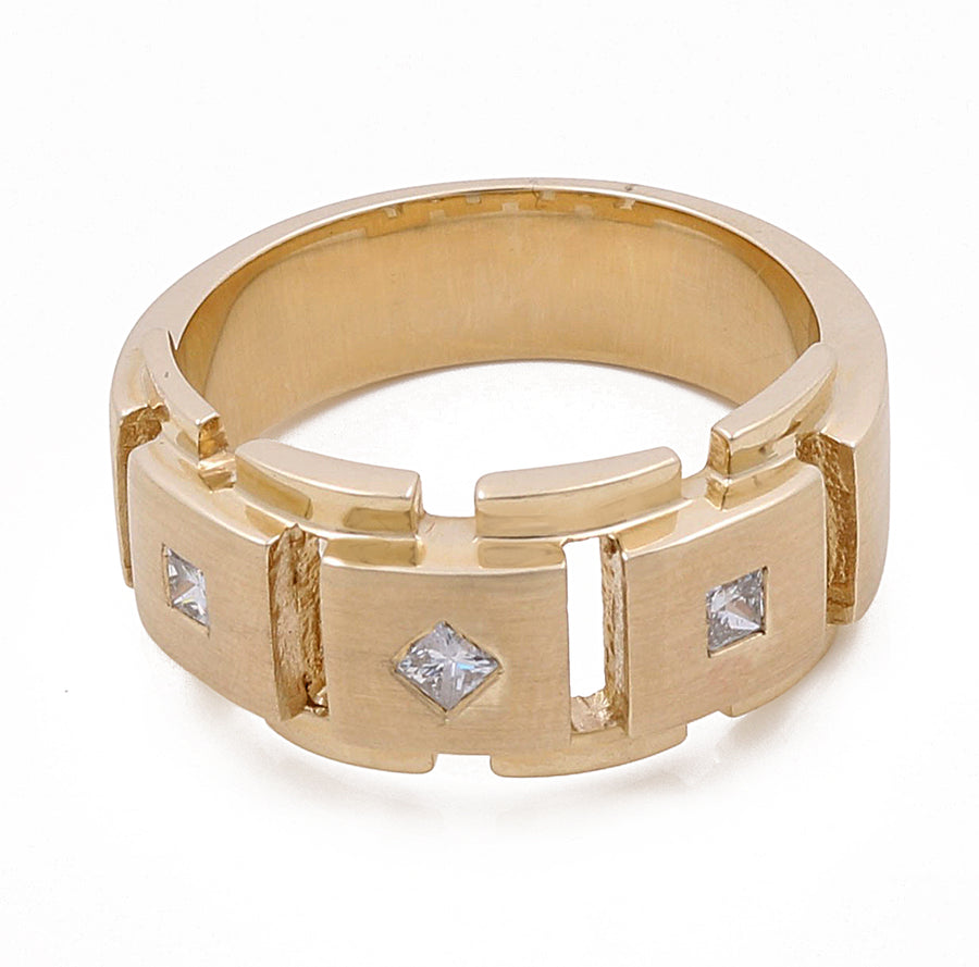 Miral Jewelry 14k Yellow Gold Fashion Ring with 0.26Tw Round Diamonds, featuring a segmented design in 14k yellow and white gold, with three square-cut diamonds set within the segments, on a white background.