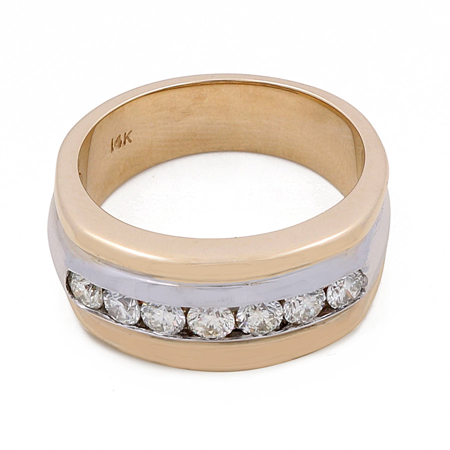 Sophisticated jewelry piece featuring a blend of gold and silver, this Miral Jewelry 14k Yellow and White Gold Fashion Ring with 0.92Tw Round Diamonds boasts seven embedded round diamonds and is marked "14K" inside the band.