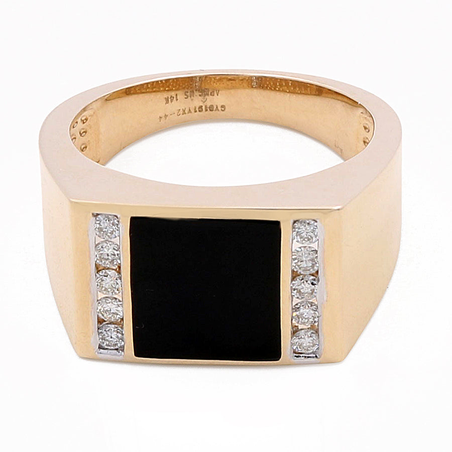 Miral Jewelry 14k Yellow Gold Fashion Onyx Ring with 0.28Tw Round Diamonds featuring a rectangular black onyx stone set in the center, flanked by six small round diamonds on each side.