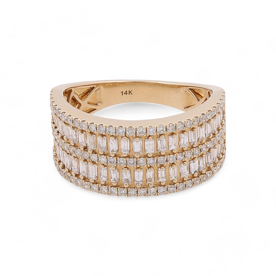 An exquisite accessory, the 14K Yellow Gold Fashion Diamond Women's Ring from Miral Jewelry boasts a 14K stamp and features four rows of dazzling rectangular and round diamonds.