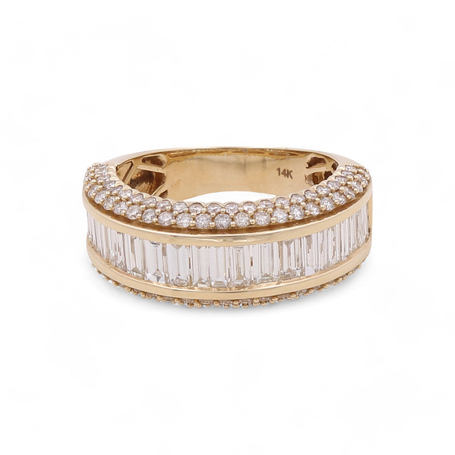 This stunning 14K Yellow Gold Fashion Diamond Women's Ring by Miral Jewelry showcases a luxurious design with two rows of small round diamonds encircling a central row of elongated rectangular diamonds, making it the perfect elegant accessory.