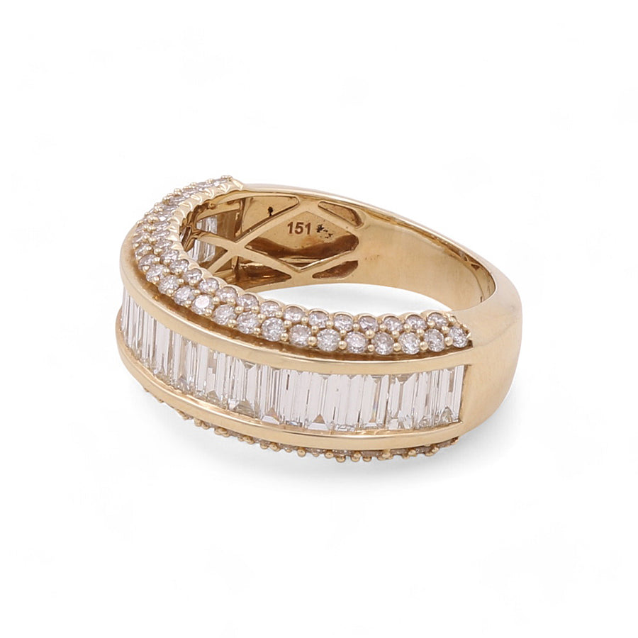 The Miral Jewelry 14K Yellow Gold Fashion Diamond Women's Ring, adorned with a row of clear rectangular gemstones and a row of small round gemstones, exemplifies the pinnacle of luxury.