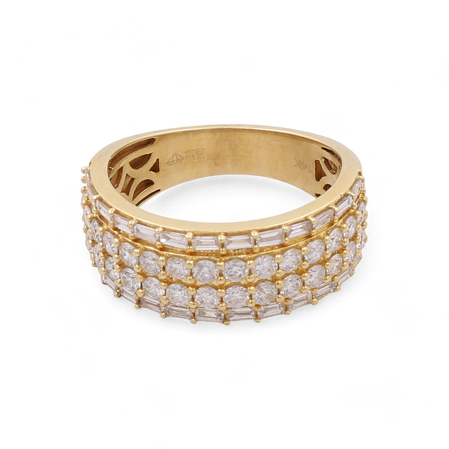 The Miral Jewelry 14K Yellow Gold Fashion Diamond Women's Ring features three rows of round and baguette-cut diamonds set in intricate patterns, making it a stunning piece perfect for any occasion.