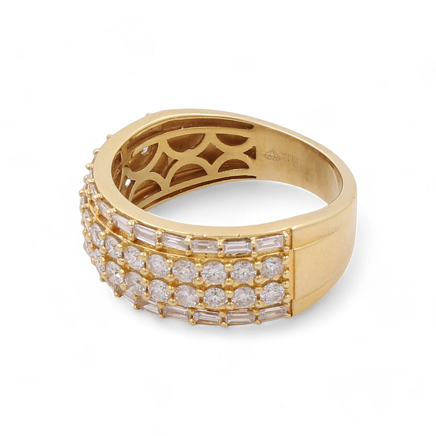 Introducing the Miral Jewelry 14K Yellow Gold Fashion Diamond Women's Ring, a stylish and intricate design featuring several rows of small round diamonds set into the band.