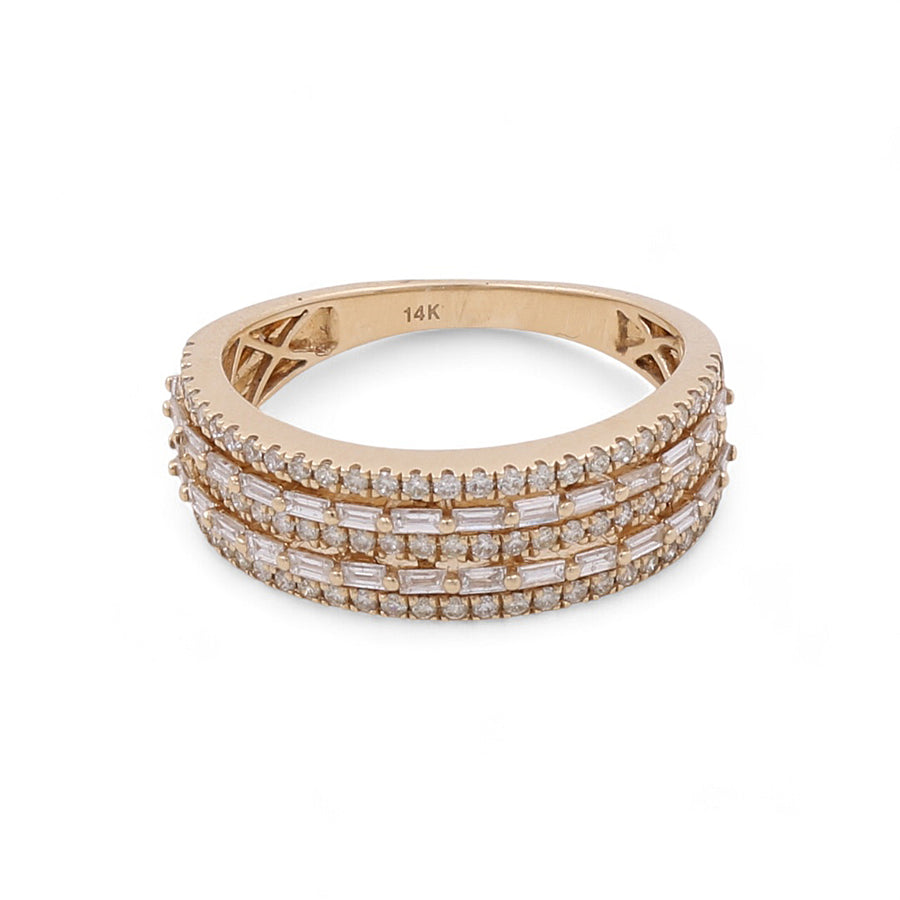 The 14K Yellow Gold Fashion Diamond Women's Ring by Miral Jewelry features three rows of rectangular diamonds set in a detailed band, epitomizing luxury and elegance.