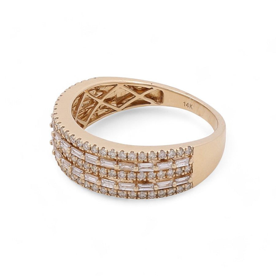 The 14K Yellow Gold Fashion Diamond Women's Ring by Miral Jewelry showcases a lattice design adorned with five rows of rectangular diamonds on the top half, making it a standout piece in any jewelry collection.