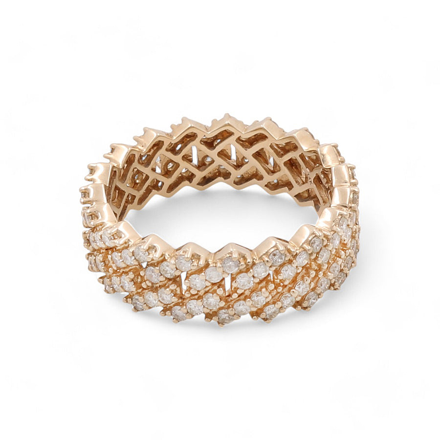 The 14K Yellow Gold Fashion Diamond Women's Ring by Miral Jewelry features a crisscross pattern and is adorned with multiple rows of small diamonds, exuding luxury and elegance.