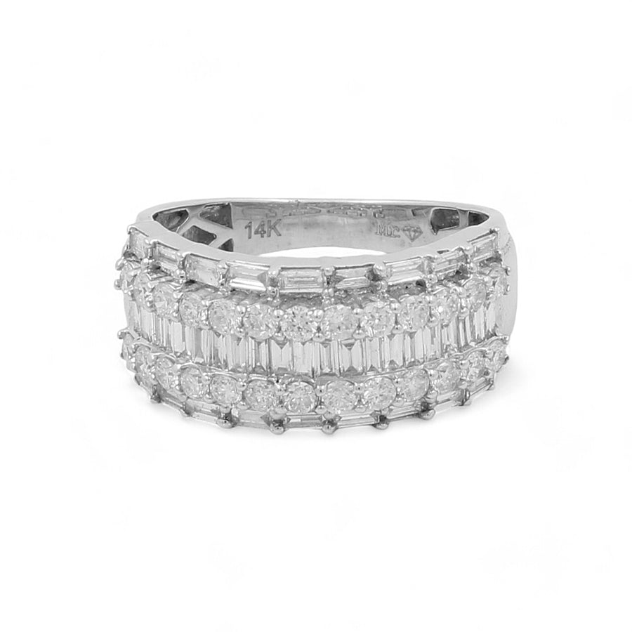 Introducing the Miral Jewelry 14K White Gold Fashion Diamond Woman Ring, featuring a wide band adorned with multiple rows of small, rectangular, and round diamonds.