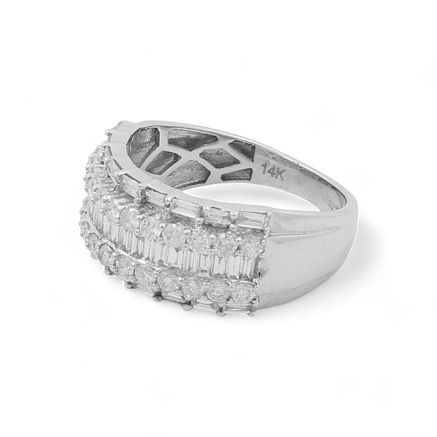 Introducing the Miral Jewelry 14K White Gold Fashion Diamond Woman Ring, a stunning piece featuring three rows of rectangular and round diamonds.