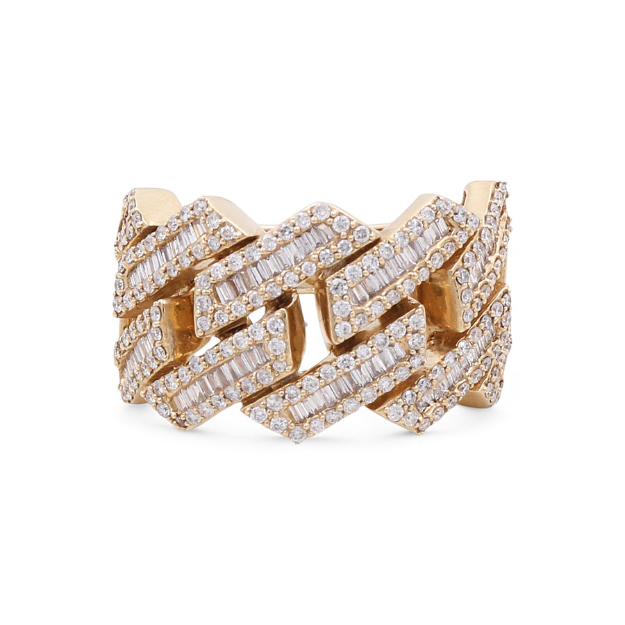 The 14K yellow gold fashion diamond women's ring by Miral Jewelry boasts a wide band intricately designed in an interwoven pattern, embellished with rows of small, rectangular diamonds. This exquisite piece epitomizes luxury jewelry and is perfect for any fashionable woman.