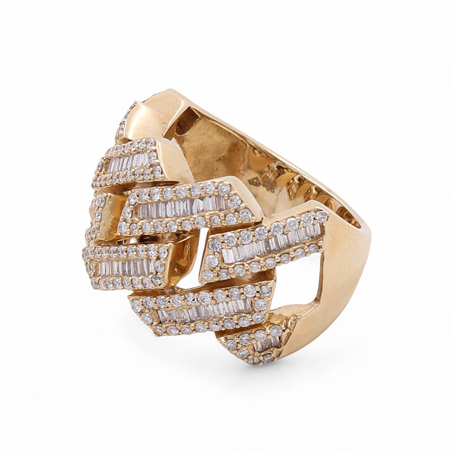 A luxury jewelry piece from Miral Jewelry, this 14K yellow gold fashion diamond women's ring features an intricate woven design with multiple rows of small embedded diamonds. Perfect for the fashion-forward woman.