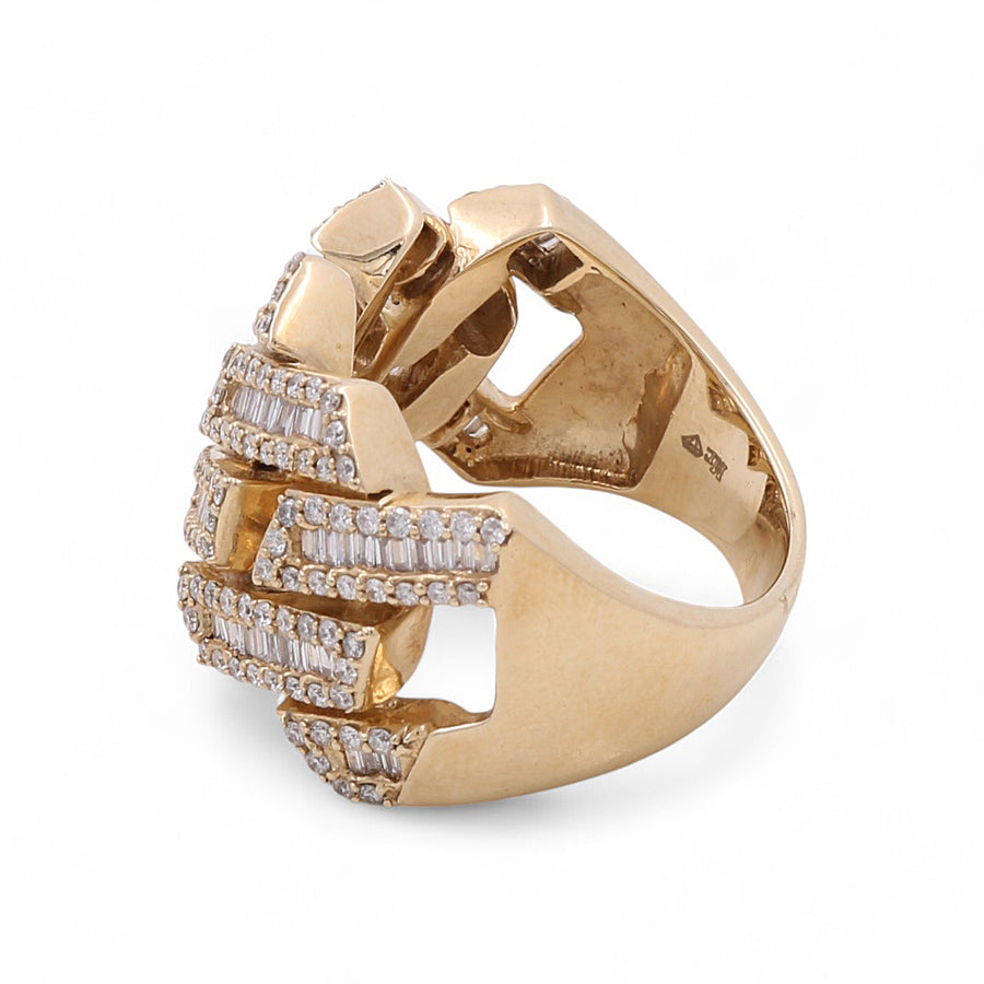 Miral Jewelry presents a stunning 14K yellow gold fashion ring for women, featuring a wide band embellished with multiple rows of small, rectangular diamonds arranged in an eye-catching geometric pattern.