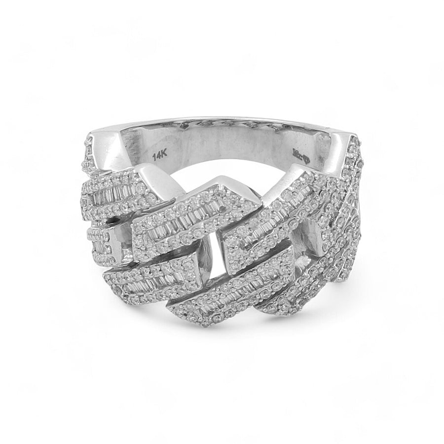 The 14K White Gold Fashion Diamond Women's Ring by Miral Jewelry showcases multiple rows of embedded small rectangular diamonds, with a "14K" inscription on the inner band.