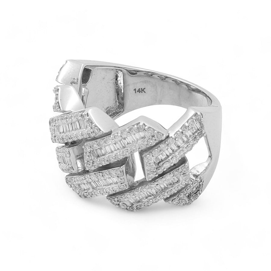 The Miral Jewelry "14K White Gold Fashion Diamond Women's Ring" features a chic zigzag pattern embellished with small rectangular diamonds and is marked "14K" inside the band.