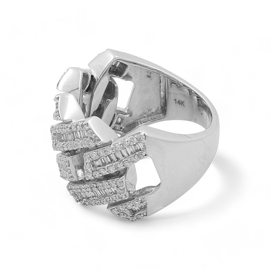 The 14K White Gold Fashion Diamond Women's Ring by Miral Jewelry features a split-band design with three rectangular, diamond-encrusted sections and is stamped "14K" on the inside.