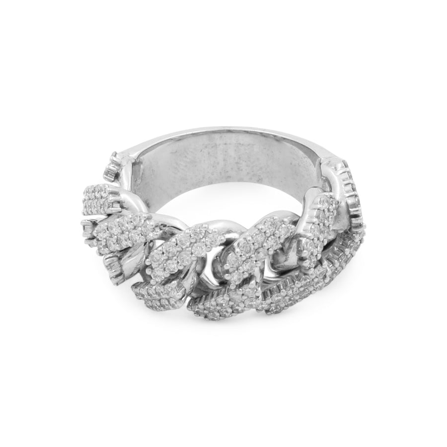 The 14K White Gold Fashion Diamond Women's Ring by Miral Jewelry features a chunky, interwoven chain design, embellished with small diamonds on each link, set against a white background.