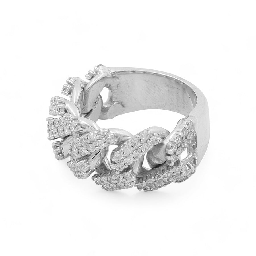 The Miral Jewelry 14K White Gold Fashion Diamond Women's Ring showcases an intricate chain link design adorned with small round-cut diamonds.