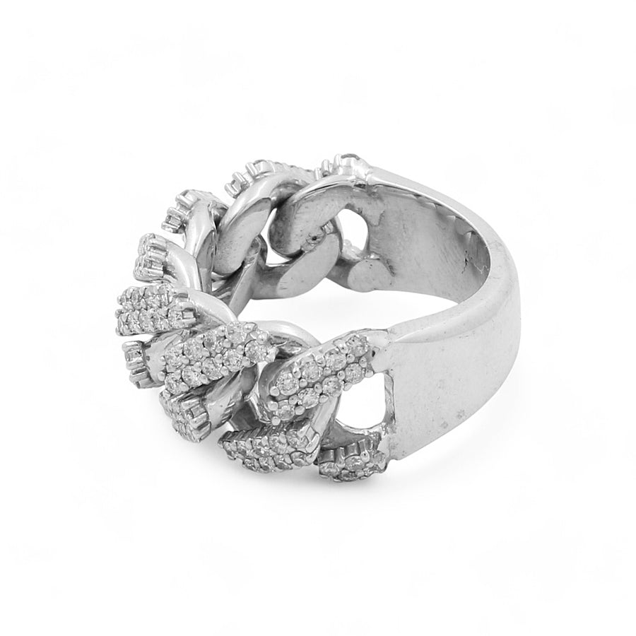 A Miral Jewelry 14K White Gold Fashion Diamond Women's Ring features a unique interwoven chain design, adorned with multiple small diamonds throughout the links.