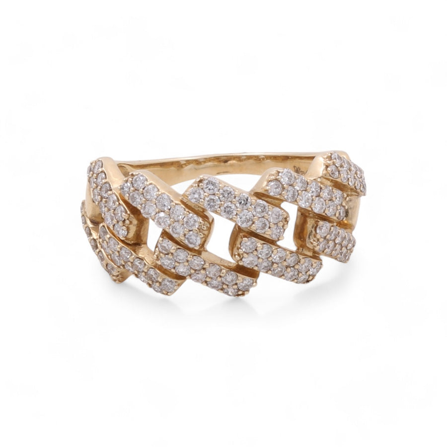 Crafted by Miral Jewelry, the 14K Yellow Gold Fashion Diamond Women's Ring features a stunning interlocking chain design encrusted with small, round diamonds. This exquisite gold piece is the perfect fashion accessory for any occasion.