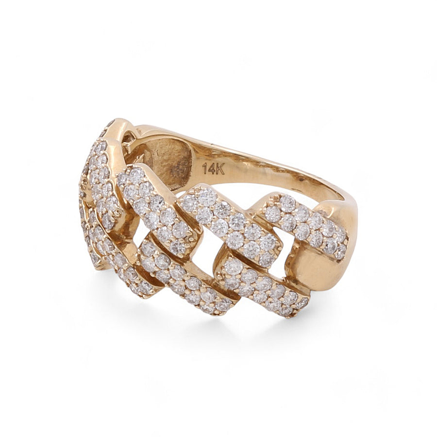 The Miral Jewelry 14K Yellow Gold Fashion Diamond Women's Ring showcases a stunning interlocking chain design adorned with numerous small diamonds, exuding timeless beauty.