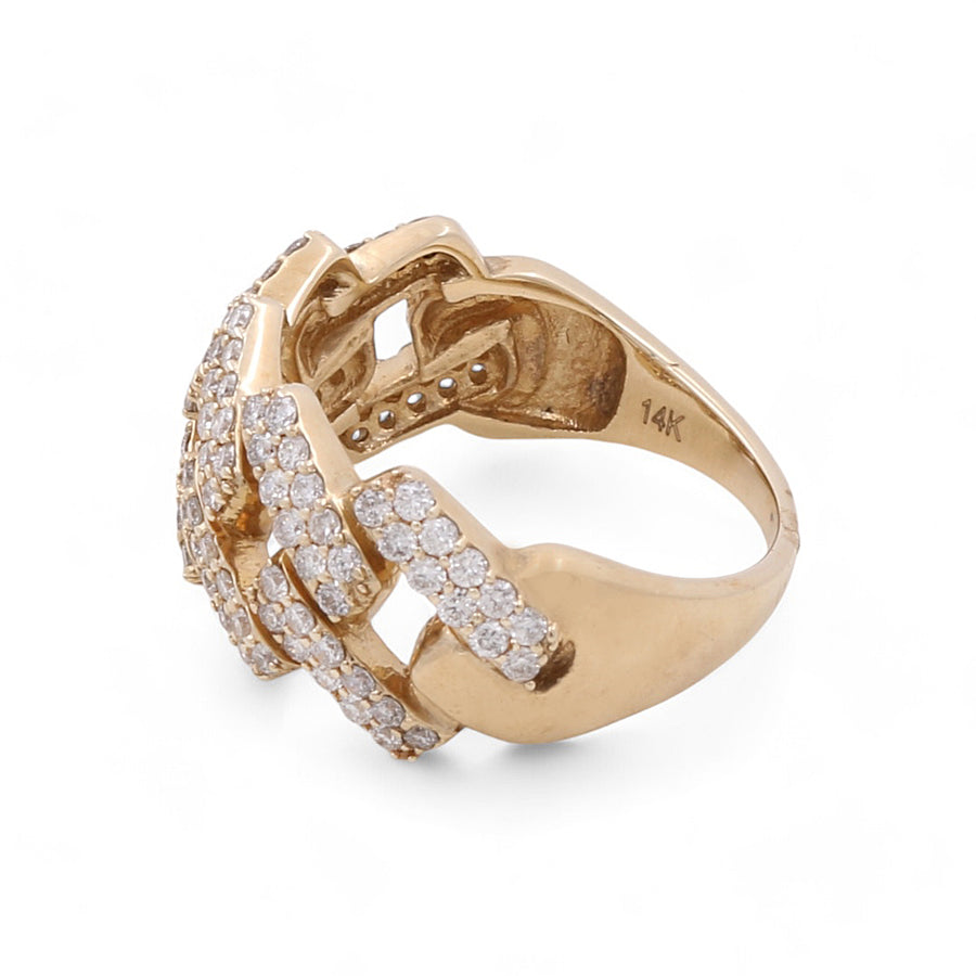 Introducing the 14K Yellow Gold Fashion Diamond Women's Ring by Miral Jewelry, showcasing multiple rows of small, round diamonds intricately set on the band, epitomizing timeless beauty.