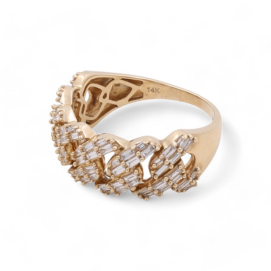 Introducing the Miral Jewelry 14K Yellow Gold Fashion Diamond Women's Ring, a stunning piece of craftsmanship. This elegant ring features a remarkable lattice design adorned with an array of small rectangular and round diamonds, seamlessly combining elegance with timeless sophistication.