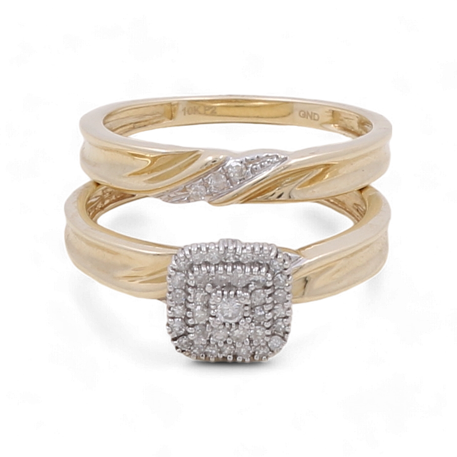 A stunning set of two 10K Yellow Gold Bridal Woman Rings with diamond embellishments by Miral Jewelry, featuring one ring adorned with a square-shaped cluster of diamonds, perfect for a beautiful wedding ensemble.