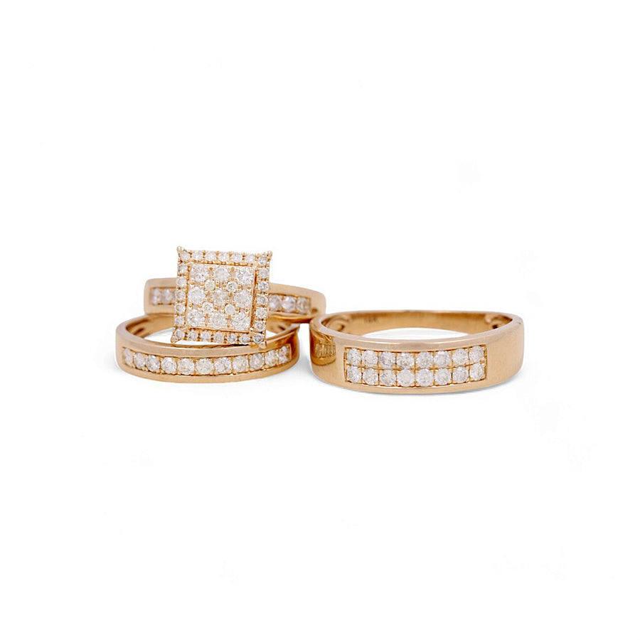 14K Yellow Gold Bridal Trio Rings with Diamonds